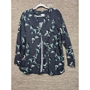 J Jill Pure Jill Floral Leaf Print Button Tunic Top Blouse Sz L Blue Green Boho